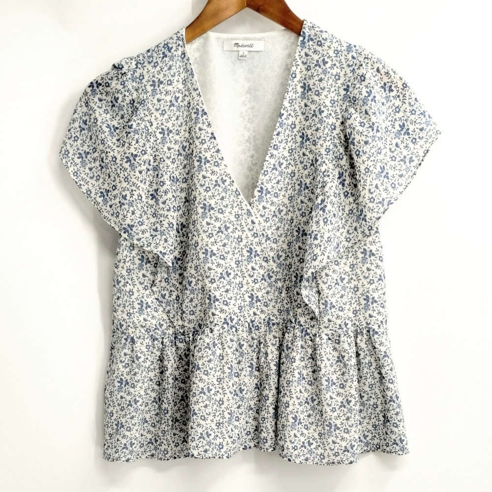 Madewell Top Georgette Ruffle Sleeve‎ Peplum American Floral Blouse - Picture 2 of 10